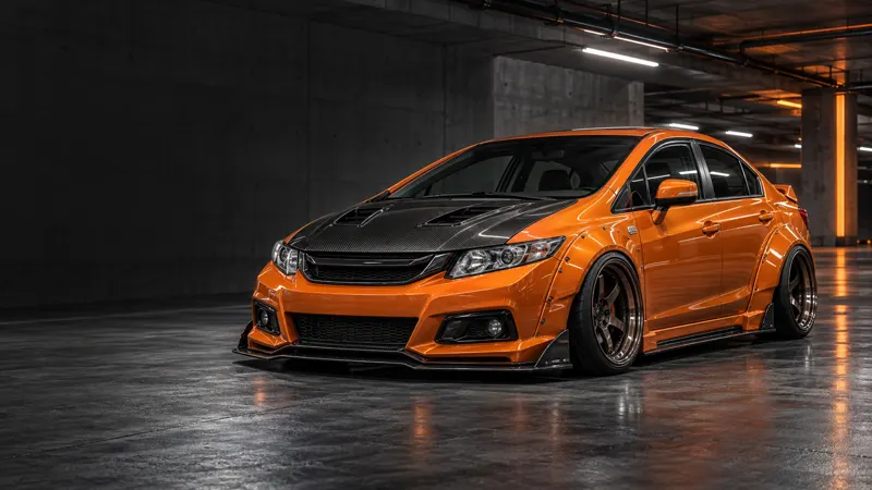 Honda Civic FB สีส้มแต่ง Wide Body ฝากระโปรงคาร์บอนสไตล์ JDM