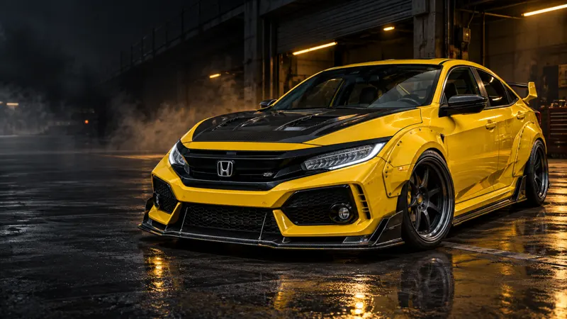 Honda Civic FC สีเหลืองแต่ง Wide Body ฝากระโปรงคาร์บอนสไตล์ JDM