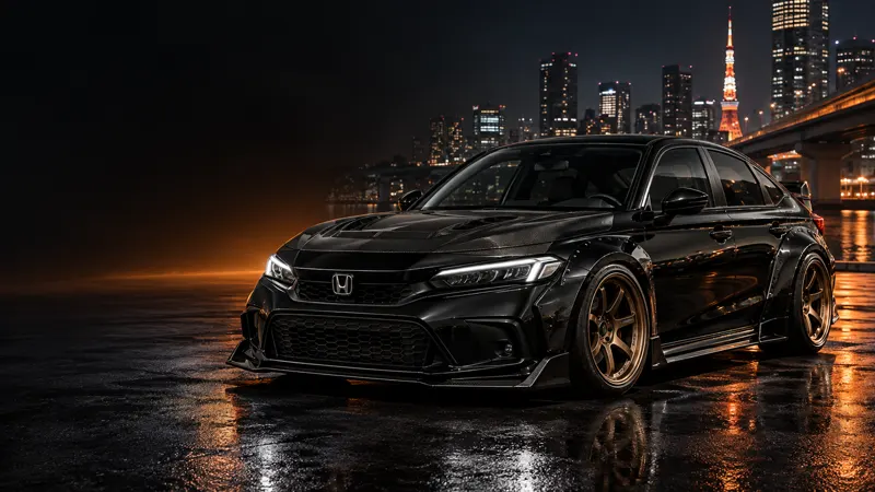 Honda Civic FE สีดำแต่ง Wide Body ฝากระโปรงคาร์บอนสไตล์ JDM