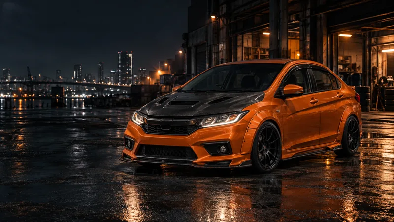 Honda City 2014–2016 สีส้มแต่งโป่งเย็บและฝากระโปรงคาร์บอน