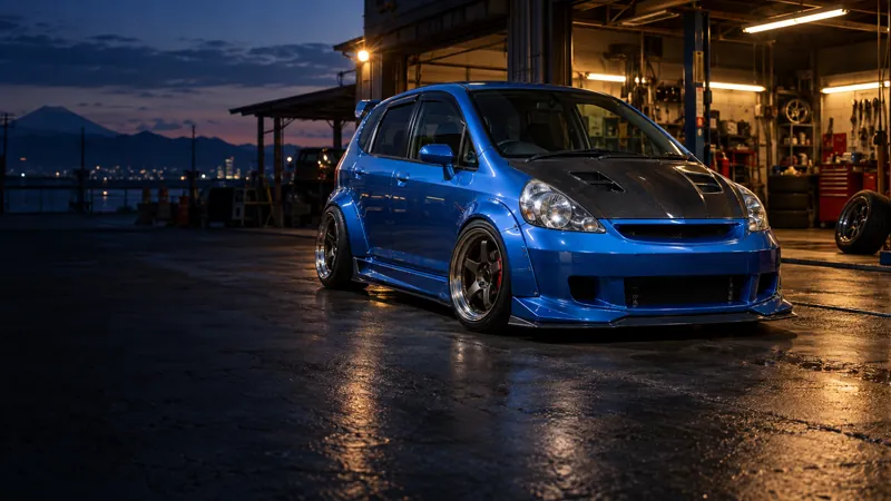 Honda Jazz GD สีน้ำเงินแต่งโป่งเย็บ Wide Body และฝากระโปรงคาร์บอน