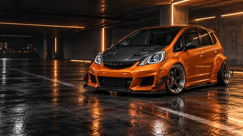 Honda Jazz GE สีส้มแต่งโป่งเย็บ Wide Body และฝากระโปรงคาร์บอน