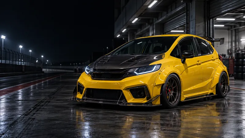 Honda Jazz GK สีเหลืองแต่งโป่งเย็บ Wide Body และฝากระโปรงคาร์บอน