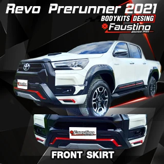 โปสเตอร์ Revo Prerunner 2021 รถสีขาวมุมหน้า พร้อมภาพขยายสเกิร์ตหน้าสีเข้มแต่งแดง